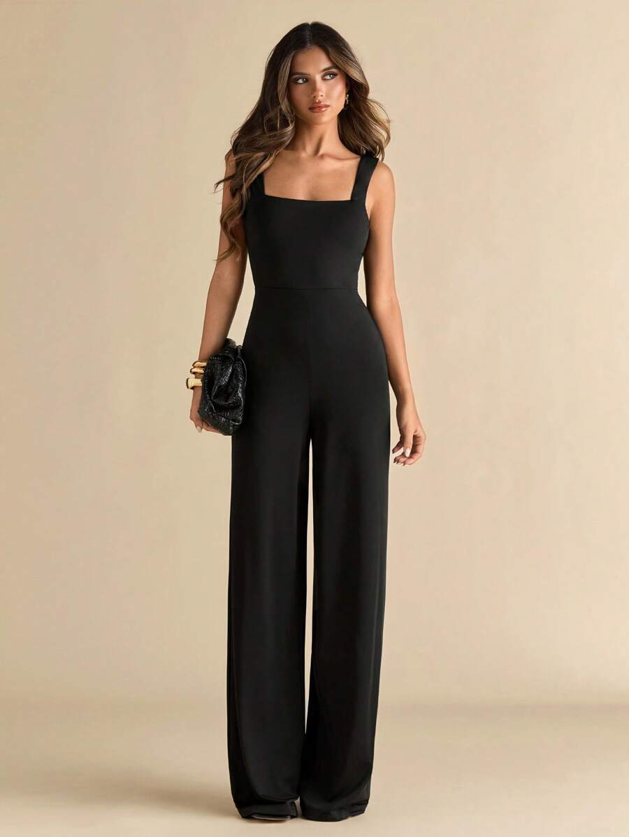 SHEIN BAE Women's Elegant Black Sleeveless Backless Tie Waist Jumpsuit, Sexy & Chic, Suitable For Daily, Dates, Parties, Holidays, Going Out, Romantic Occasions, Spring/Summer