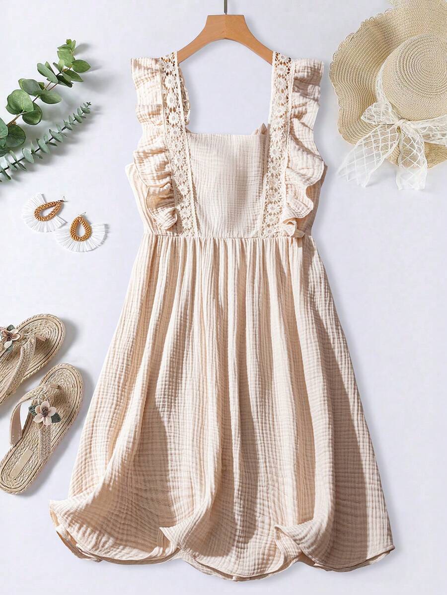 SHEIN VCAY Vestido de moda con talla grande para mujer, de unicolor, con parches de encaje y dobladillo con volantes - Albaricoque - Ver 1