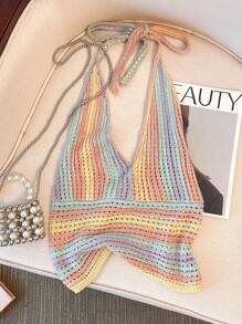 INAWLY 女士休闲彩色条纹露背挂脖针织上衣，夏季 - 彩色 - 查看 5