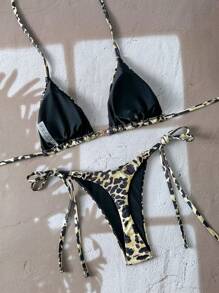 Swim Vcay 2pcs/Set Women's Beach Summer Outfits - Leopard Random Print Metallic Accessory Halter Top And Side Tie String Bikini Bottoms Sexy Swimsuit Set - Multicolor - View 2