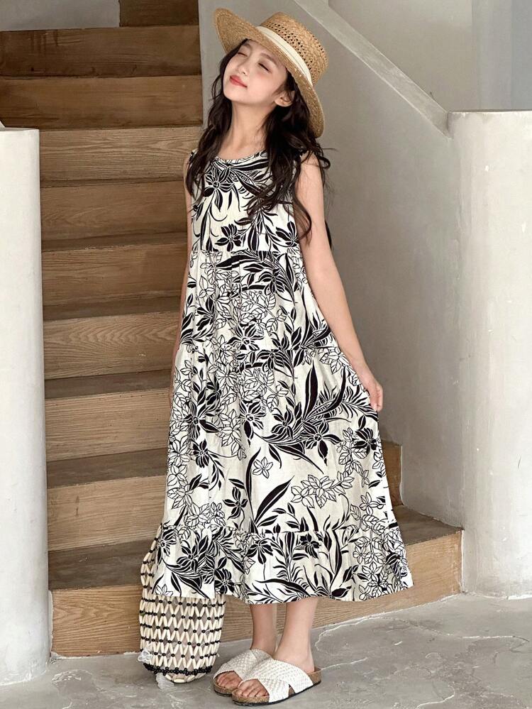 Tween Girl Sleeveless Ditsy Floral Sundress, Girls Summer Outfits,Back To School Clothes Vacation Easter