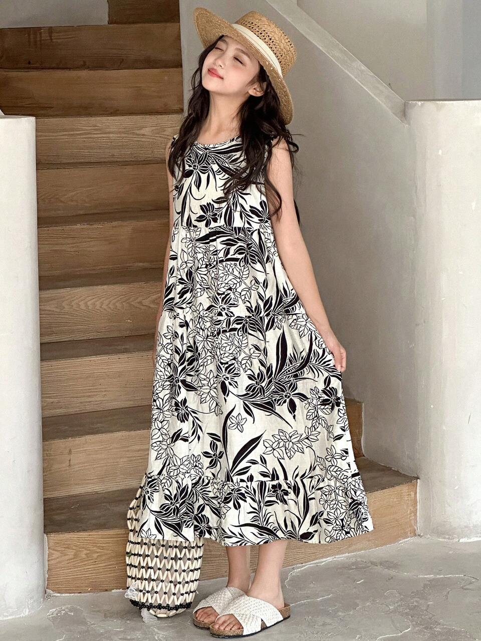 Tween Girl Sleeveless Ditsy Floral Sundress, Girls Summer Outfits,Back To School Clothes Vacation Easter