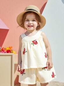 SHEIN Playful Pals Baby Girls' Pastoral Ditsy Floral Embroidery Sleeveless Top And Shorts Set, Cute For Summer - Apricot - View 1