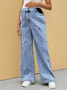 SHEIN 孕妇度假休闲樱桃刺绣牛仔裤 - 藍色 - 查看 5