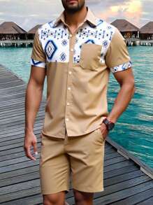 Manfinity RSRT Men's Short Sleeve Shirt And Shorts Set, Simple And Fashion, Suitable For Summer Men Clothes Sets - Khaki - View 1