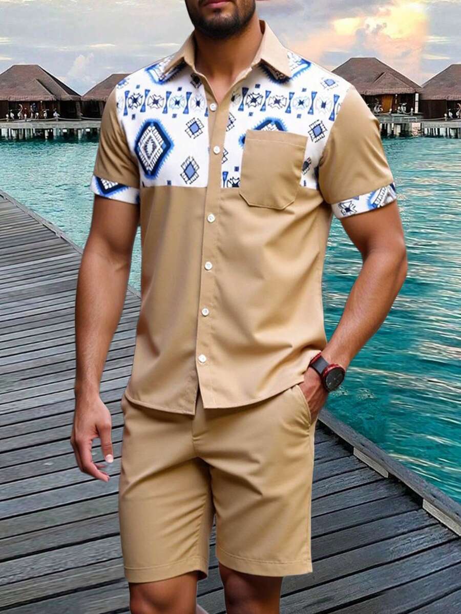 Manfinity RSRT Men's Short Sleeve Shirt And Shorts Set, Simple And Fashion, Suitable For Summer Men Clothes Sets - Khaki - View 1