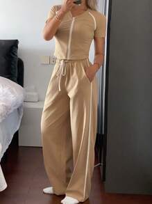 DAZY Conjunto de ropa de estar en casa de punto de dos tonos y estilo deportivo para mujer