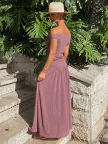 Livesso 女士两件套：无袖上衣和裤子，露肩上衣，度假风 - 中紫紅色 - 查看 5