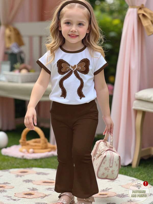 SHEIN 2pcs/Set Girls Casual Cartoon Pattern Round Neck Short Sleeve Top And Flare Pants Summer Outfit
