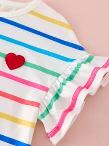 SHEIN 女婴针织条纹圆领心形图案修身连衣裙 - 彩色 - 查看 6