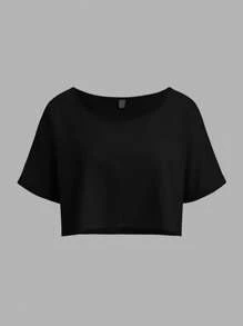 SHEIN EZwear 2pcs/Set Women's Loose Knitted One-Shoulder T-Shirt - Black and White - View 7