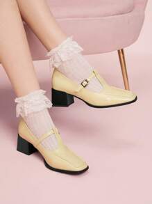 CUCCOO DOLLMOD New Yellow Oxford-Style Square Toe Chunky Heel Vintage Anti-Slip Comfortable Women High Heel Pumps