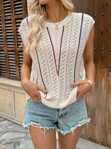 Breezaya Fashionable Contrast Color Hollow Striped Vintage Crew Neck Women Knit Sweater - Multicolor - View 5