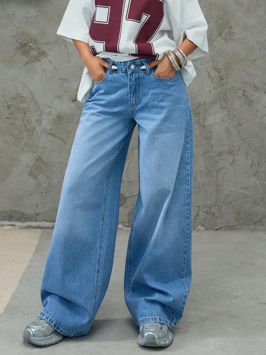 EURMUSE 女士低腰 WODELEG 休闲街头服饰 Y2K 水洗卷边 - 淺色水洗藍 - 查看 1