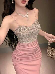 DAZY Vestido de tirantes con abertura lateral a los lados, de elegante estampado de cuadros y bloque de color para mujer