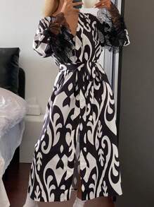 DAZY Women's Floral Print & Lace Patchwork Bathrobe Pajama - Black - View 6
