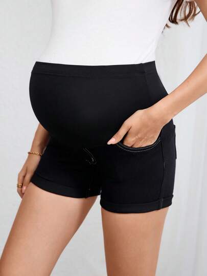 SHEIN 孕妇纯色弹性腰部休闲牛仔短裤，带口袋，夏季