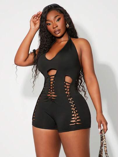 SHEIN SXY 大码女式春夏优雅性感日常基本休闲街头性感纯色镂空紧身连体裤，适合日常穿着、西装、邮轮装、音乐节、音乐会、狂欢派对、海滩度假、约会之夜、生日、单身派对装、俱乐部、可爱、购物、街头服饰、外出，易于搭配且看起来修身，突出您的身材，修饰身材