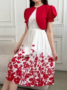 SHEIN 2 件套花卉印花百褶连衣裙和开衫套装，适合少女，全新优雅夏季服装 - 彩色 - 查看 8