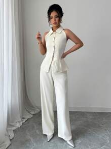 Modelyn 2pcs/Set Women Designed Collared Blouse And Slim Fit Pants, Elegant And Slimming - Apricot - View 3