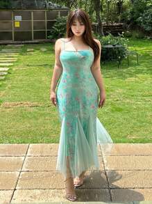 Dazy Plus 大码印花撞色网纱拼接侧开衩无袖度假风连衣裙/舞会礼服 - 藍色 - 查看 7