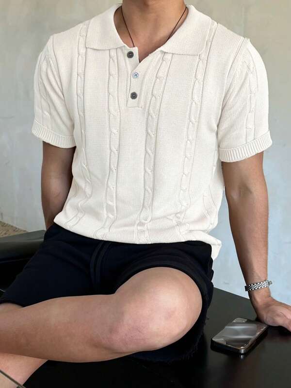 DAZY Men's Cable Button Summer Casual Short Sleeve Knit Top