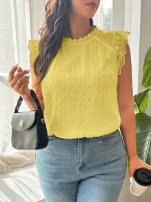 SHEIN Frenchy Plus Size Summer Casual Solid Color Lace Trim Blouse, Yellow Top - Yellow - View 3
