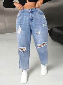 SHEIN SXY Pantalones vaqueros rotos de talla grande con ajuste entallado - Pantalones vaqueros negros de talla grande - Pantalones vaqueros negros - Pantalones para Halloween - Pantalones bajos para salir - Pantalones vaqueros para mujer - Pantalones de otoño - Pantalones de mezclilla - Ropa de mujer de otoño - Pantalones vaqueros de vaquera - Lavado ligero - Ver 5