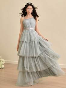 SHEIN Teen Girl Elegant Layered Tulle One Shoulder Cake Dress, For Bridesmaids, Valentine's Day, Teenagers, Flower Girls, Dance Recitals, Birthday Parties