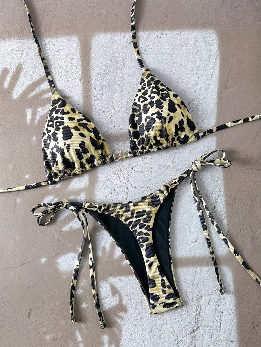 Swim Vcay 2pcs/Set Women's Beach Summer Outfits - Leopard Random Print Metallic Accessory Halter Top And Side Tie String Bikini Bottoms Sexy Swimsuit Set - Multicolor - View 1