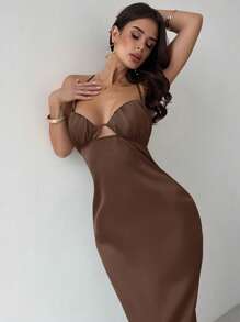 Firerie New Elegant Romantic Green Satin Maxi Dress With Spaghetti Straps And Open Back, Suitable For Valentine's Day, Wedding Season, St. Patrick's Day, Spring/Summer,Boho Clothes Women - Chocolate Brown - View 6