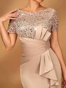 Serin Elegant, Luxurious Beaded & Sequin Embellished Satin Ruffle Hem High Slit Fishtail Skirt, Suitable For Weddings, Parties, Vacations, Galas, Bridal Mother Of The Bride Dress - Champagne - View 2