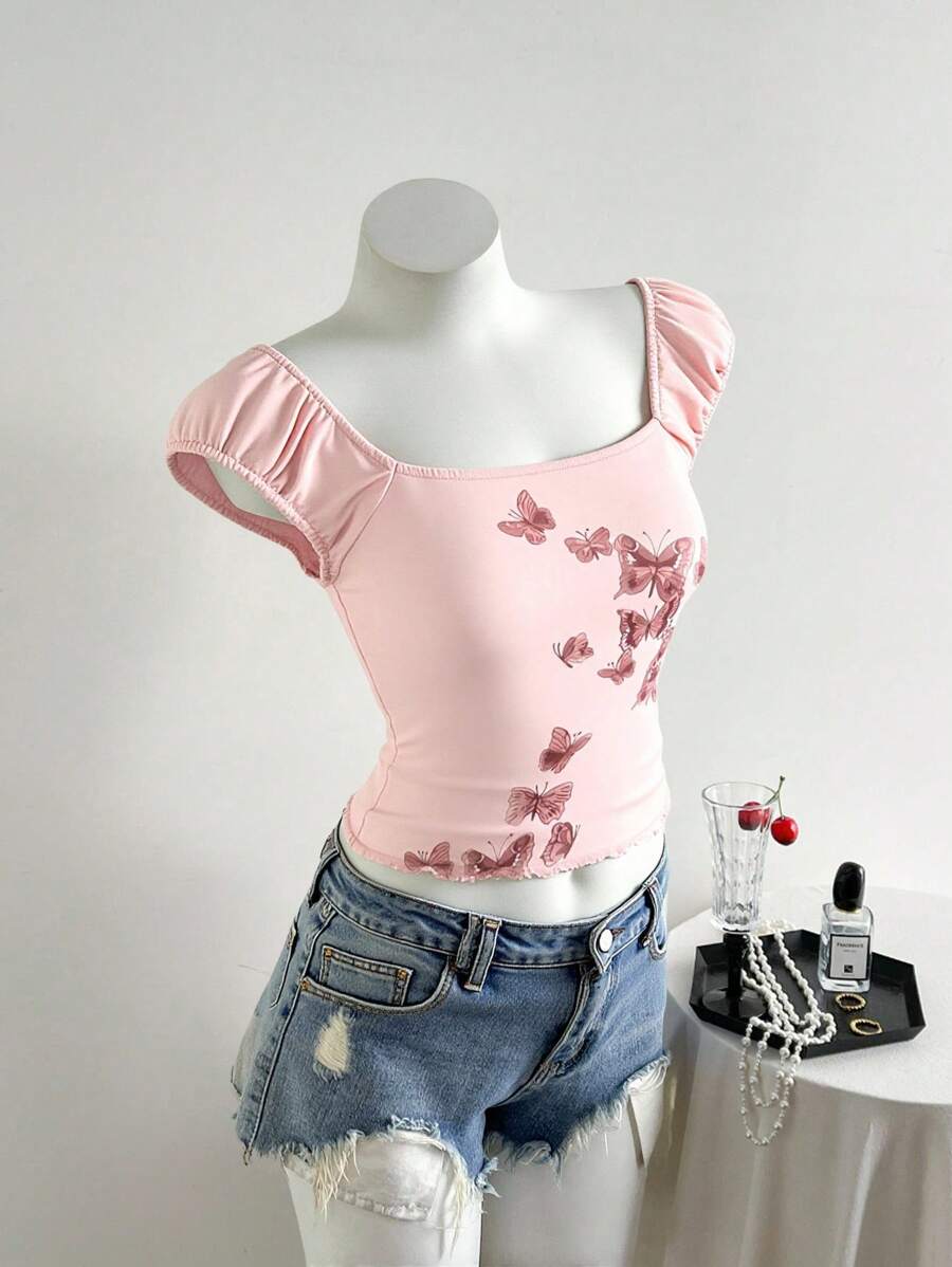 Sweetra 极简性感蝴蝶印花短袖 T 恤，修身女式 T 恤，夏季新品