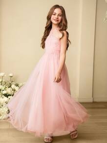 SHEIN 青少女婚禮季優雅網絡頸套伴娘禮服，適用於婚禮、生日、春夏季節