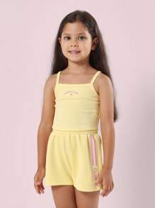 SUMWON Conjunto de entrenamiento de correa de tanque y pantalones cortos elásticos de verano para práctica de baile y entrenamiento atlético, colección de clubes de baile para niñas