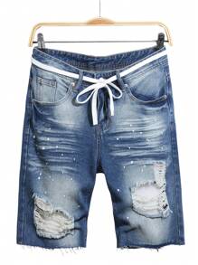 Manfinity LEGND Pantalones cortos de mezclilla con efecto desteñido, bloque de color, bolsillo, borde deshilachado y cordón en la cintura para hombres