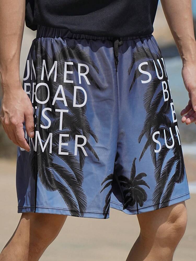 Men's Letter & Floral Print Beach Shorts, Summer Vacation, Hawaiian