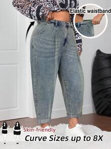 SHEIN CURVE+ Jeans casual a zampa con decorazioni sulle tasche, multifunzionali, per taglie forti