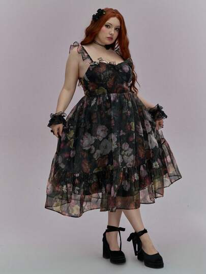 ROMWE Avant Plus Size Vintage Romantic Palace Floral Cap Sleeve Sheer Chiffon Dress, Resort Style