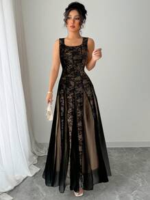 Rafferiza Váy lưới chắp vá xòe ren hoa hồng không tay thanh lịch dành cho nữ, Xuân/Hè - màu đen - Xem 3