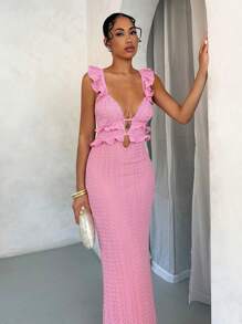 SHEIN BAE Sexy Hollow-Out Crochet Texture Ruffle Trim Backless Tie Maxi Fishtail Dress, Summer,Pastel Dresses For Women - Pink - View 5
