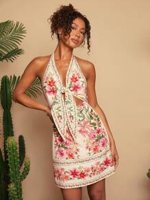 Travachic 女式花卉印花结饰前挂脖露背度假连衣裙，夏季，女式夏季服装，沙滩装，女式沙滩装，女式度假服装，女式演唱会服装，波西米亚风，热带度假女装，女式夏季连衣裙，假日服装