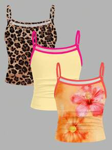 SHEIN Girlism 3 件套可爱樱桃红、紫红色、橙色扎染热带花卉印花工字背心，青少年女孩修身休闲运动基本款吊带背心 3 件套，海滩复古风格，可爱的 Y2K 椰子女孩波西米亚风度假，适合夏季 - 彩色 - 查看 2