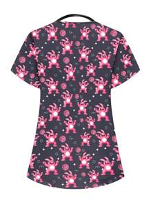 Women's V-Neck Cartoon Print Short Sleeve Pocket Scrub Top - Multicolor - View 2