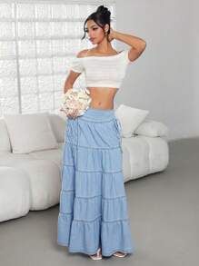 SHEIN ICON Váy mini denim giản dị nhiều lớp viền bèo nhún buộc bên hông cho nữ - Rửa nhẹ - Xem 7