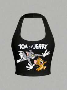 TOM & JERRY X SHEIN Cartoon Pattern Halter Neck Cropped Tight Black Summer Comfort, Casual Cartoon Fun Cat And Mouse Print Pattern Women's Top