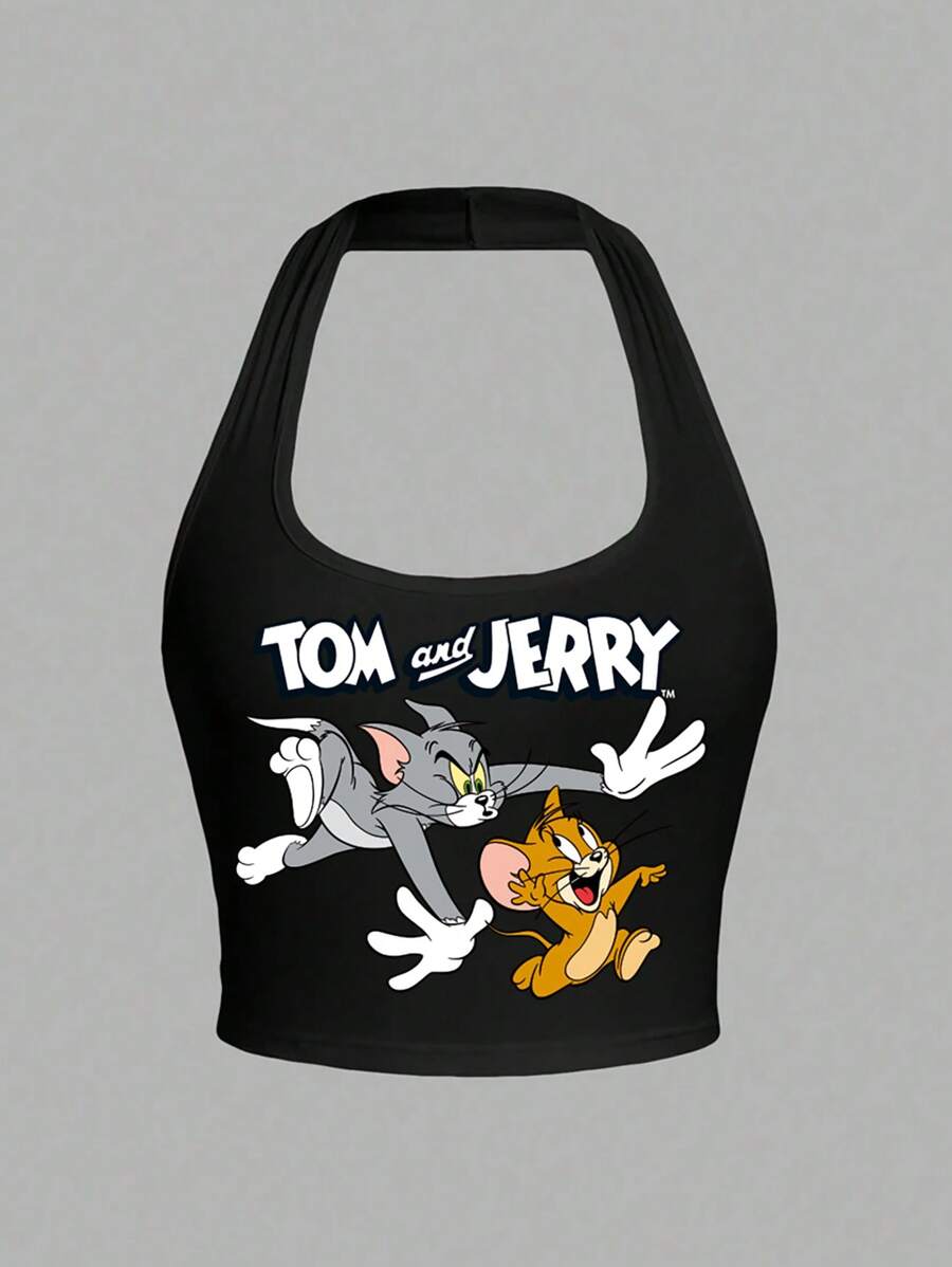 TOM & JERRY X SHEIN Cartoon Pattern Halter Neck Cropped Tight Black Summer Comfort, Casual Cartoon Fun Cat And Mouse Print Pattern Women's Top