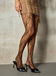 SHEIN ICON 1 Paar Damen süße, sexy Spitze, strukturierte Blumen-Reben Netzstrümpfe, geeignet für Lässig, Party