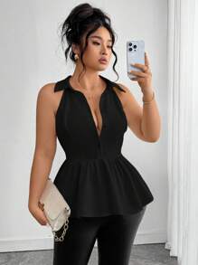 Elenzga Damen Große Größen Elegante einfarbige schwarze ärmellose Bluse mit gerüschtem Saum, romantisches, vielseitiges Design für Lässig/Business, Neu für Frühling/Sommer, Ausgehoberteil