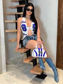 SHEIN SXY Áo ba lỗ hở lưng in chữ và số gợi cảm cho nữ, Phong cách đường phố, Mùa hè - Màu xanh lam - Xem 5